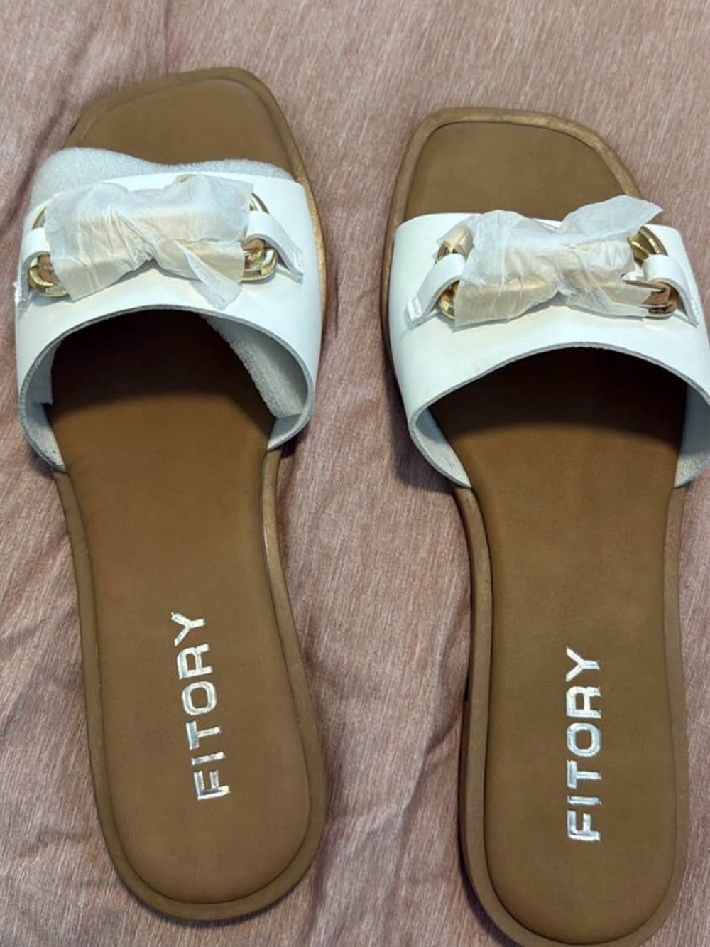 White Slide Sandals with Gold Accent